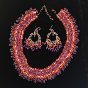 Vibrant Coral and Pink Beaded Necklace and earring set!